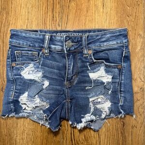 American Eagle Super Stretch Midi Distressed Denim Shorts Dark Wash Womens 0